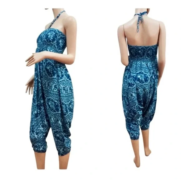 Bohemian Harem Yoga Drop Crotch Cotton Blue Elephant print romper / jumpsuit - Picture 4 of 14